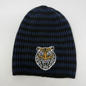 Gap Blue Black Striped Ribbed Knit Beanie Hat Tiger Patch Embroidered‎ OS Unisex